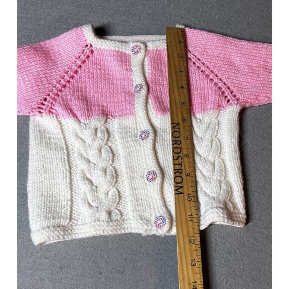 Hand Knit Baby Girl Sweater Cardigan 6-12 months (22" Chest) Pink White Button - Picture 6 of 7
